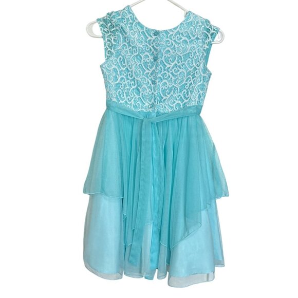 Jona Michelle Girls Sleeveless Lace & Tulle Dress With Bow Detail Size 10 Aqua B - Picture 3 of 5